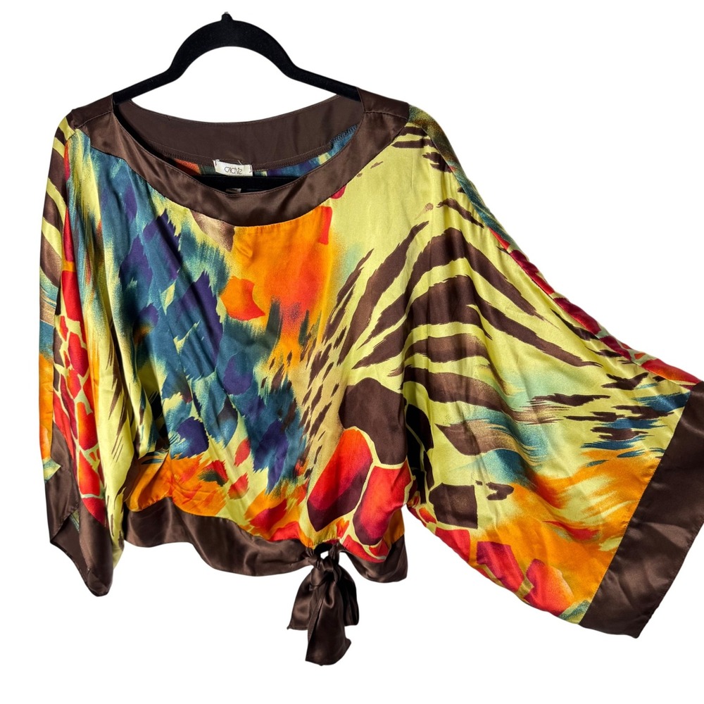 Cache 100% Silk Top Dolman S Colorful Print Y2K Brown Tie Retro Artsy Art Wear